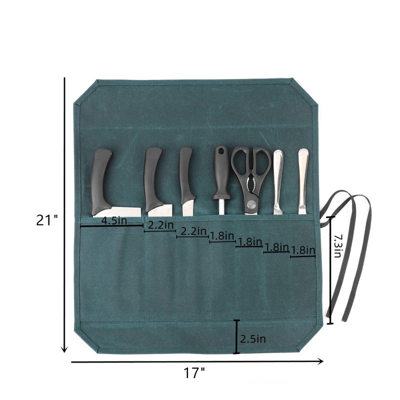 Denifiter Heavy Duty Waxed Canvas Chef Knife Storage Roll Bag With 7 Slots, Waterproof And Durable (Dark Green) - Image 2
